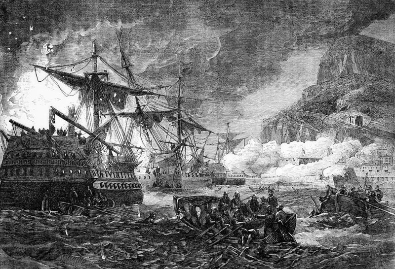 A scene from the Great Siege of Gibraltar on 18 September 1782, an unsuccessful attempt by Spain and France to conquer Gibraltar from the British during the American War of Independence, digital reproduction of a historical model