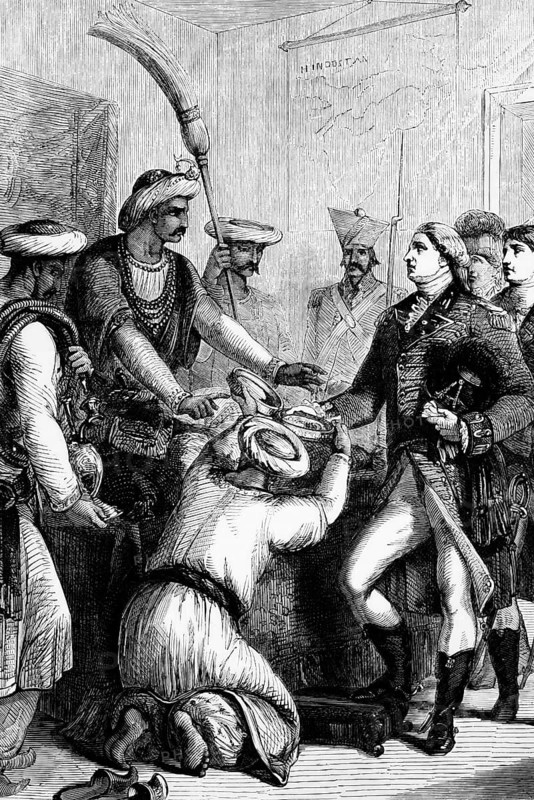 On 12 August 1765 in Benares, Shah Alam II conferred the role of diwan (tax collector) of Bengal, Behar and Orissa on Lord Robert Clive. This charter made the East India Company the true sovereign ruler of thirty million people and generated revenues totalling four million pounds sterling, digital reproduction of a historical model
