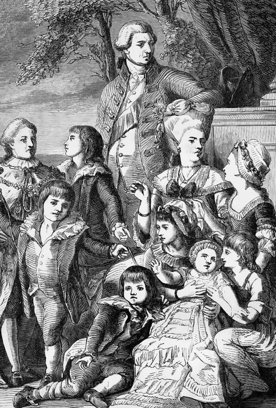 King George III and Queen Charlotte and their children in 1776, England, digital reproduction of a historical model