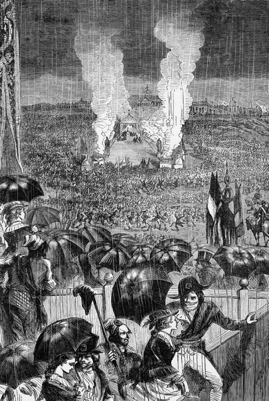 A rainy day for the First Federation Day celebrations, now known as Bastille Day, which took place on the Champ de Mars, a park between the Eiffel Tower to the north-west and the École Militaire to the south-east, exactly one year after the storming of the prison on 14 July 1790, France, digital reproduction of a historical original