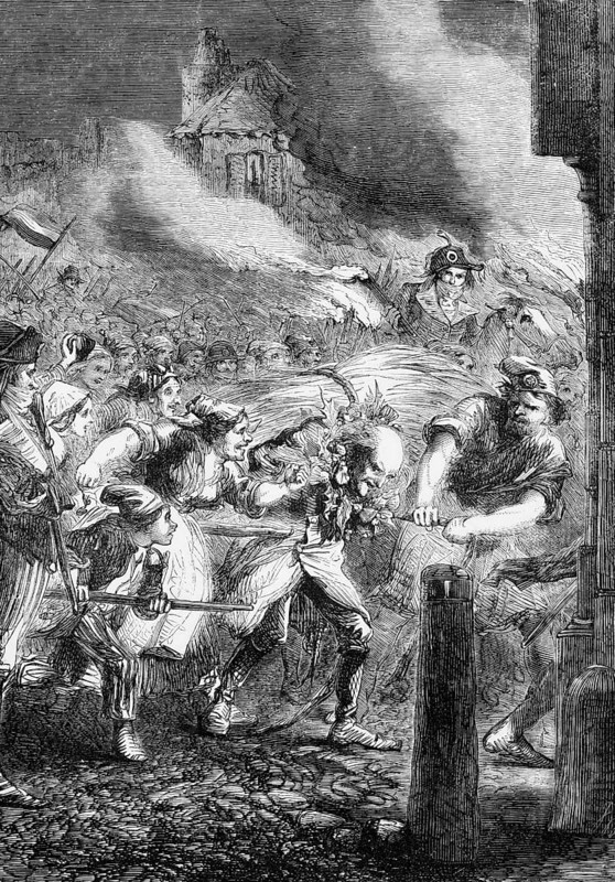 After the fall of the Bastille in 1789, Foulon De Doue, Controller General of Finance under Louis XV, fled to Viry-Châtillon, a few miles south of the capital. He was soon captured by the peasants and had to walk barefoot with a bundle of hay on his back. The sweat from his face was wiped off with nettles, digital reproduction of a historical model