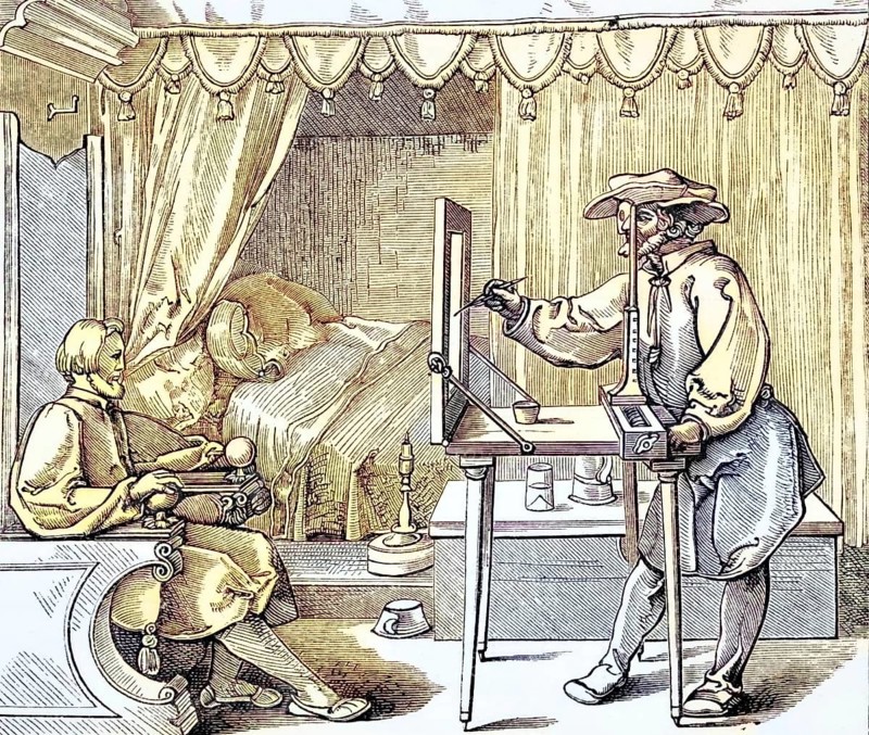 Instruments of mathematical precision for the execution of portraits after a wood engraving by Albert Dürer from 1535 from Science and Literature in the Middle Ages by Paul Lacroix, published in London in 1878, coloured, digital reproduction of a historical model