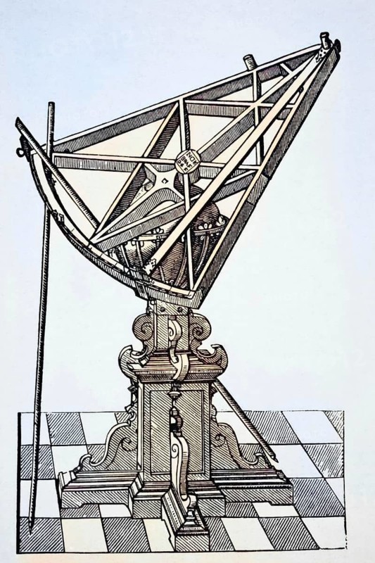 Astronomical sextant for measuring distances after copper engraving in the book Tychonis Brahe Astronomiae Instauratae Mechanica from 1602. From Science and Literature in the Middle Ages by Paul Lacroix, published in London 1878, coloured, digital reproduction of a historical model
