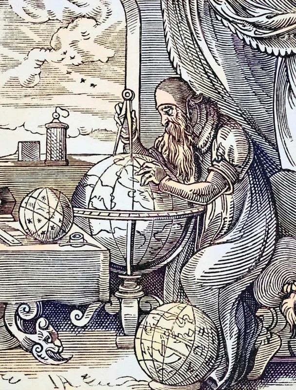 A German astronomer and cosmographer after a 16th century wood engraving by Jost Amman from Science and Literature in the Middle Ages by Paul Lacroix, published in London in 1878, coloured, digital reproduction of a historical original