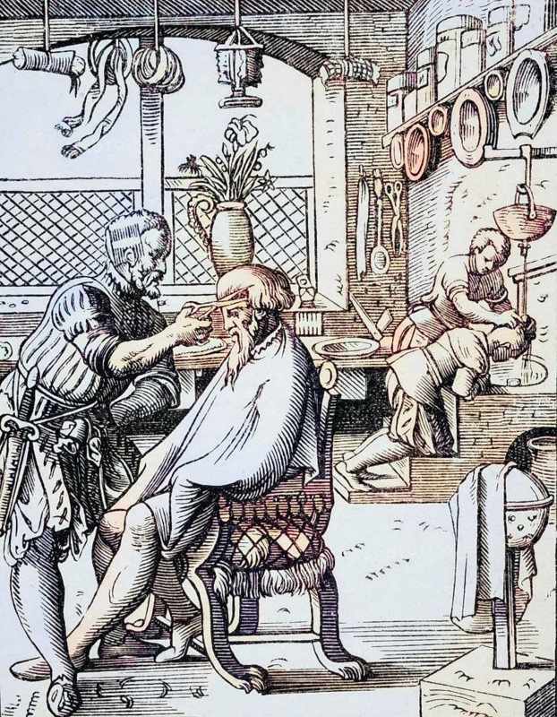 Barber. Reproduction of a woodcut from the 16th century by Jost Amman from the 19th century, coloured, digital reproduction of a historical original
