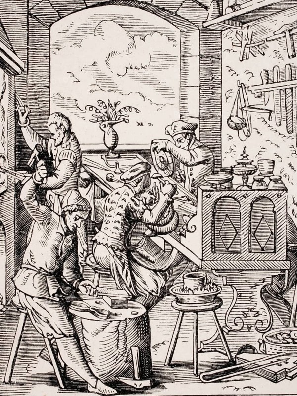 Goldsmith. Reproduction of a woodcut from the 16th century by Jost Amman from the 19th century, coloured, digital reproduction of a historical model