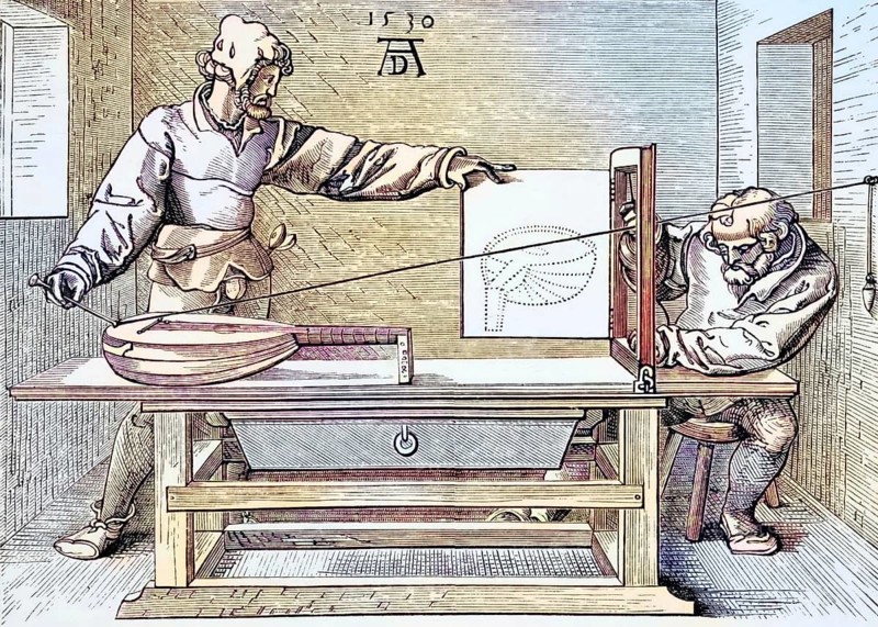 Instruments of mathematical precision for designing objects in perspective after a wood engraving by Albert Dürer from 1530 from Science and Literature in the Middle Ages by Paul Lacroix, published in London 1878, coloured, digital reproduction of a historical model