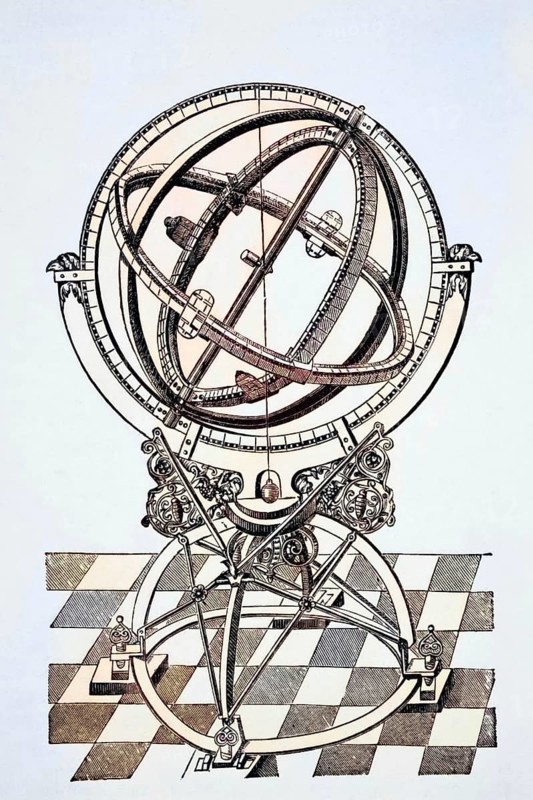Equatorial rings or circles after copper engraving in the book Tychonis Brahe Astronomiae Instauratae Mechanica from 1602. From Science and Literature in the Middle Ages by Paul Lacroix, published in London 1878, coloured, digital reproduction of a historical original
