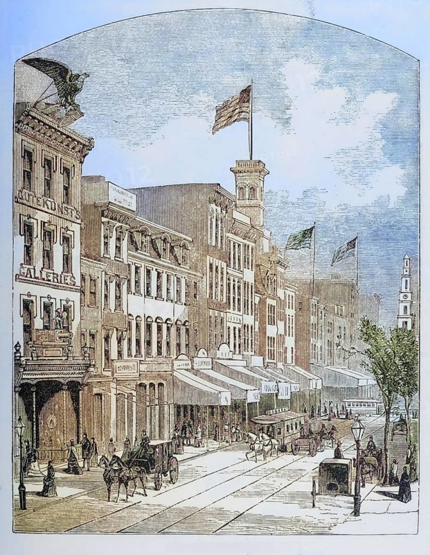 Arch Street, Philadelphia, Pennsylvania, c. 1870, America, digital reproduction from American Pictures, drawn in pen and pencil, coloured, by Samuel Manning, published c. 1880, Historical