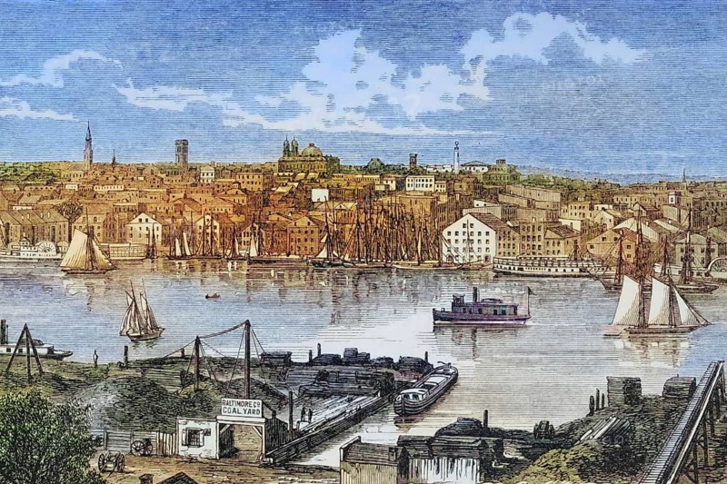 Baltimore, Maryland, 1870s, America, digital reproduction from American Pictures, drawn with pen and pencil, coloured, by Samuel Manning, published circa 1880, Historical