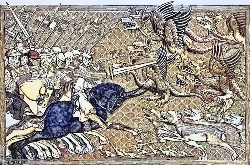 How Alexander fought the dragons and a species of animal called the Scorpion. After a miniature from the 13th century. From Science and Literature in the Middle Ages by Paul Lacroix, published in London in 1878, coloured, digital reproduction of a historical original