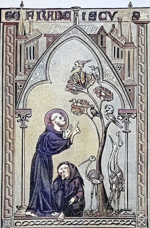 St Francis of Assisi, in conversation with the birds. After a miniature from the 13th century, Psalter. From Science and Literature in the Middle Ages by Paul Lacroix, published in London 1878, coloured, digital reproduction of a historical original