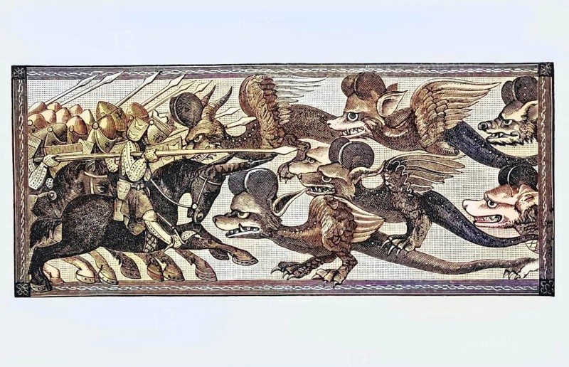 How Alexander fought the dragons with sheep horns on his forehead. From Science and Literature in the Middle Ages by Paul Lacroix. Published in London in 1878, coloured, digital reproduction of a historical original