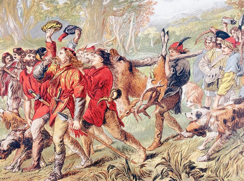 Jaques speaks in As You Like It, Act IV, Scene II, by William Shakespeare. What shall he have that killed the stag? Drawn by Sir John Gilbert. From the Illustrated Library Shakespeare, published in London 1890, digital reproduction of a historical original