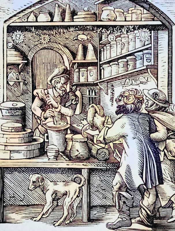 The apothecary. Reproduction of a woodcut from the 16th century by Jost Amman from the 19th century, coloured, digital reproduction of a historical original