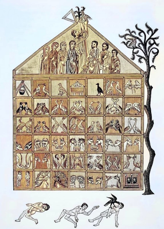 Cross-section of Noah's Ark from a 12th century manuscript commenting on the Apocalypse from science and literature in the Middle Ages, by Paul Lacroix, published in London in 1878, coloured, digital reproduction of a historical original
