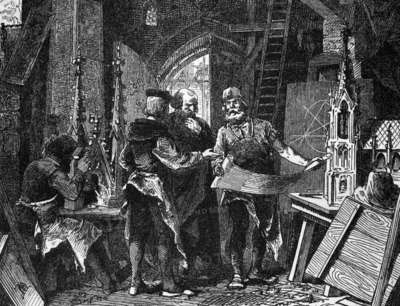 Architects and craftsmen designing a new cathedral, 12th century, digital reproduction of a historical model