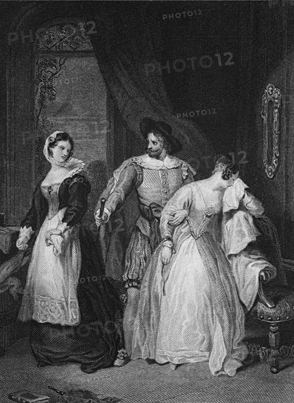 An illustration of Katherine and Bianca from The Taming of the Shrew by William Shakespeare, digital reproduction of a historical model