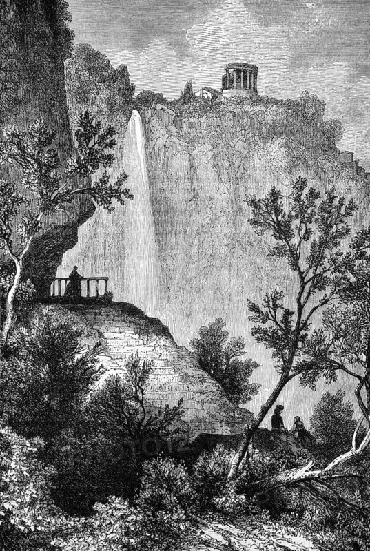 Ruins and waterfall near Tibur or Tivoli, Lazio, Italy, digital reproduction of a historical model