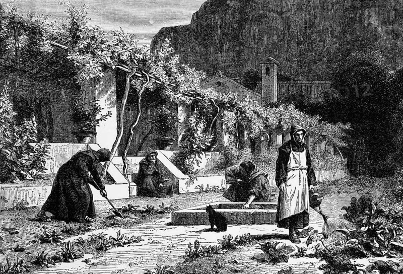 The garden in a Spanish monastery, digital reproduction of a historical model