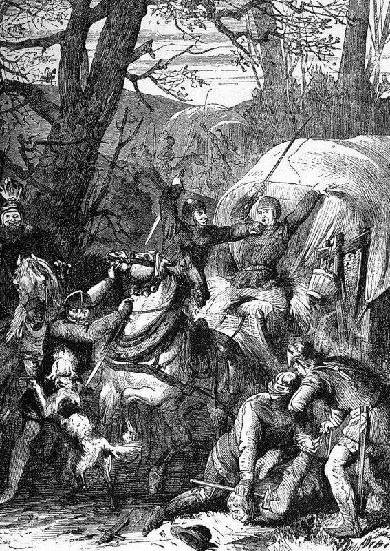 Medieval robber barons attack a trading caravan in the 12th century, digital reproduction of a historical model