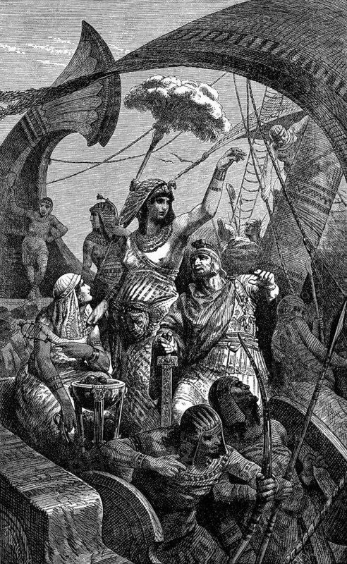 The Egyptian Queen Cleopatra at the Battle of Actium on the Ionian Sea near the city of Actium in the Roman province of Epirus Vetus in Greece on 2 September 31 BC, digital reproduction of a historical original