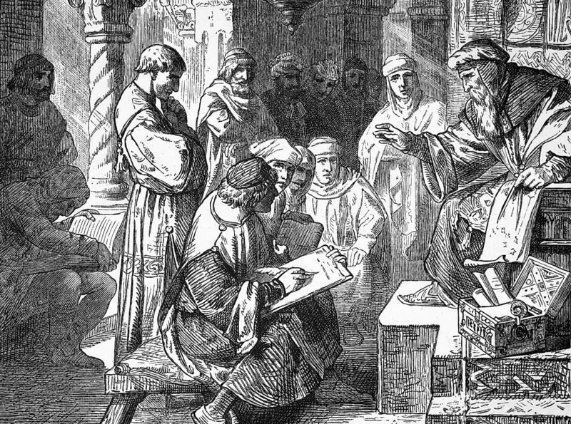 Arabs learning in a school in Cordoba, 10th century AD, digital reproduction of a historical model