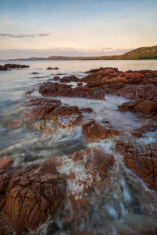 Rocky coast, sunrise, Plage de Palombaggia, Corsica, France