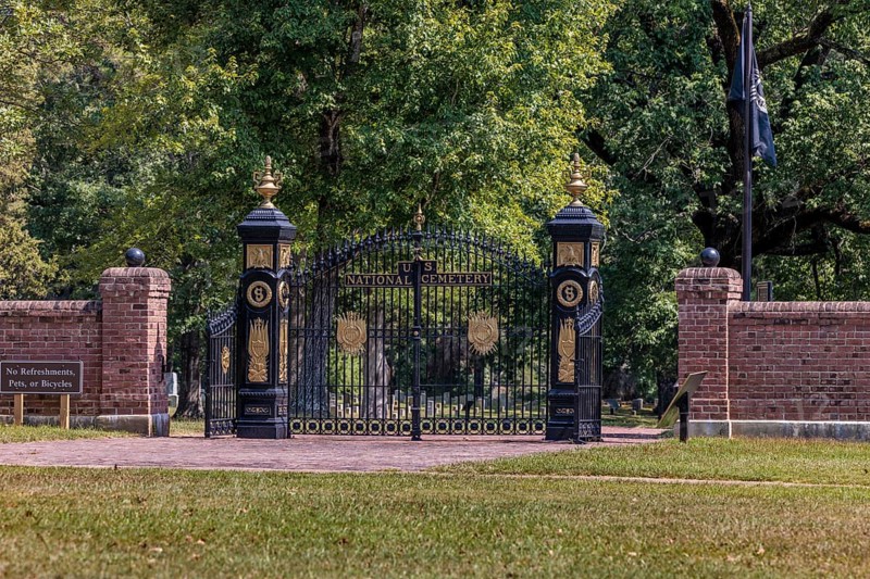 Iron gates at the entrance to the US National Cemetery in the Shiloh National Military Park in Pittsburg Landing, Tennessee