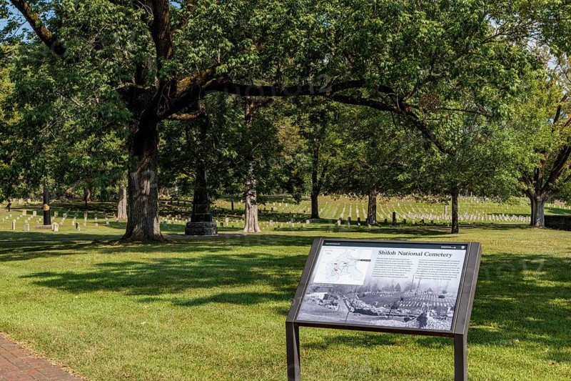 Sign tells the history of the US National Cemetery in Shiloh National Military Park near Shiloh, Tennessee