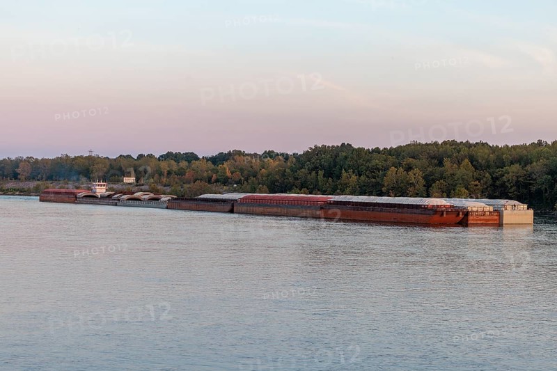Tug boat pushing multiple barges on the Tennessee River near Savannah, Tennessee