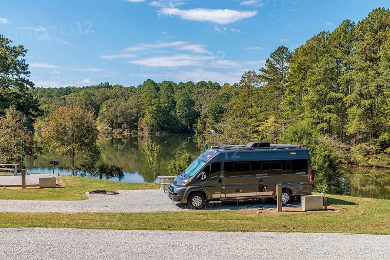 Winnebago campervan on a Dodge RAM chassis at the Pin Oak Campground in Natchez Trace State Park near Wildersville, Tennessee