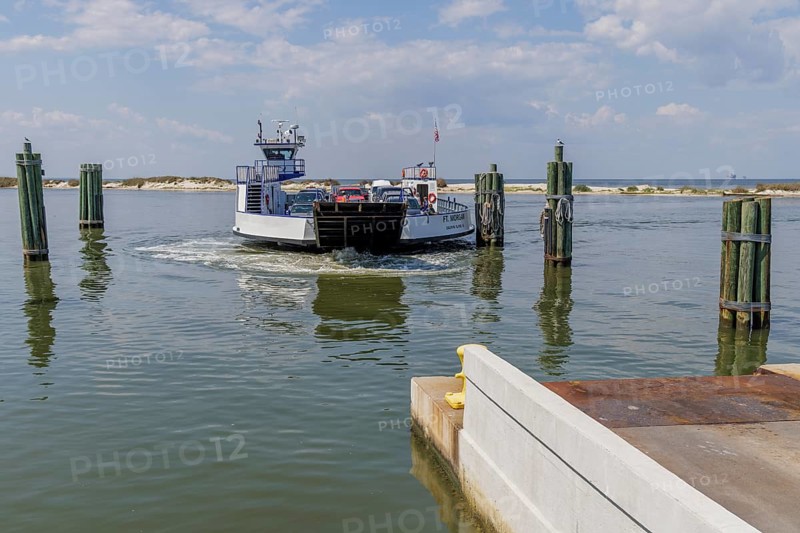 Mobile Bay Ferry approaching the dock at Dauphin Island, Alabama