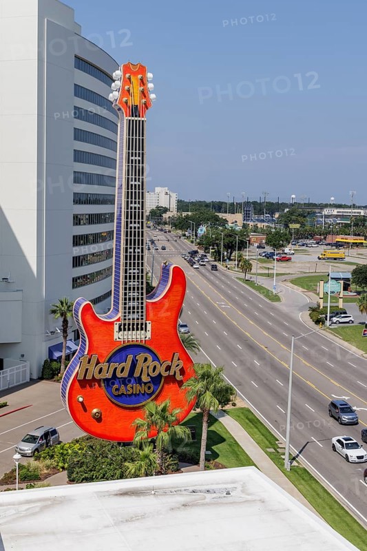 Neon guitar sign in front of the Hard Rock Casino along Highway 90 in Biloxi, Mississippi