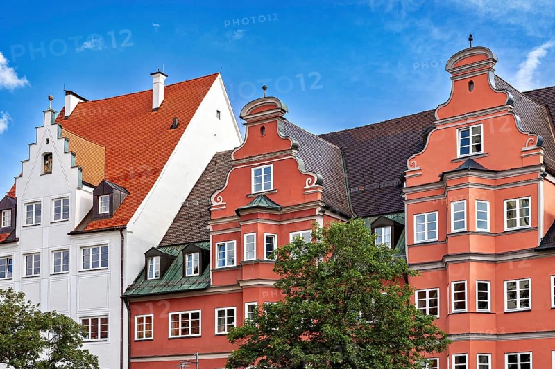 Multicoloured historic façade with ornate gables and windows, The town of Kempten im Allgäu