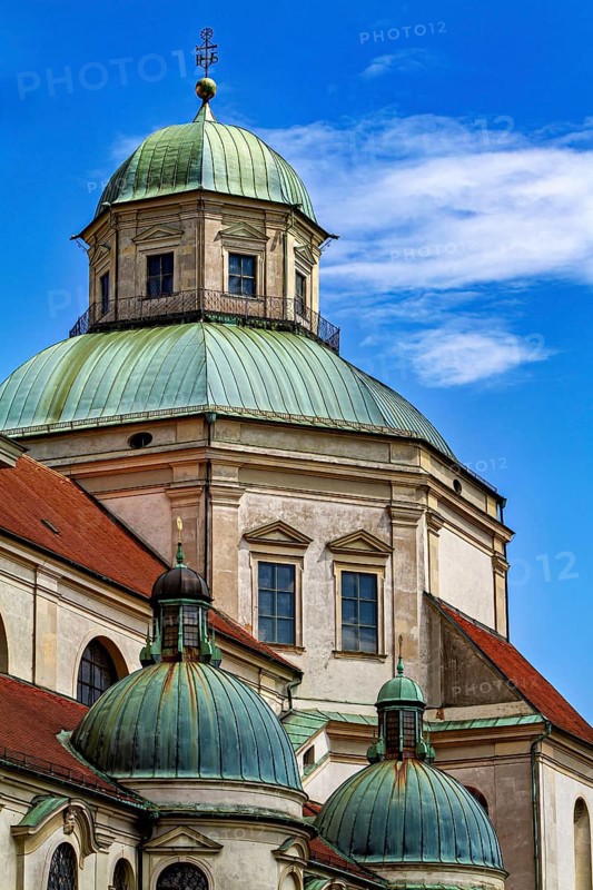 Baroque domes and tower in front of a blue sky with few clouds, The town of Kempten in the Allgäu