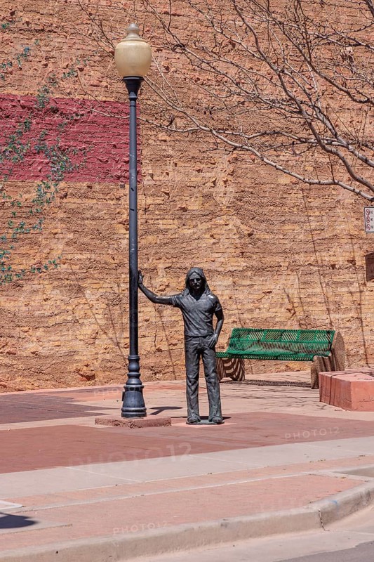 Statue of a man Standin' on a Corner in Winslow Arizona as sung in the classic Glenn Frey and Jackson Browne song