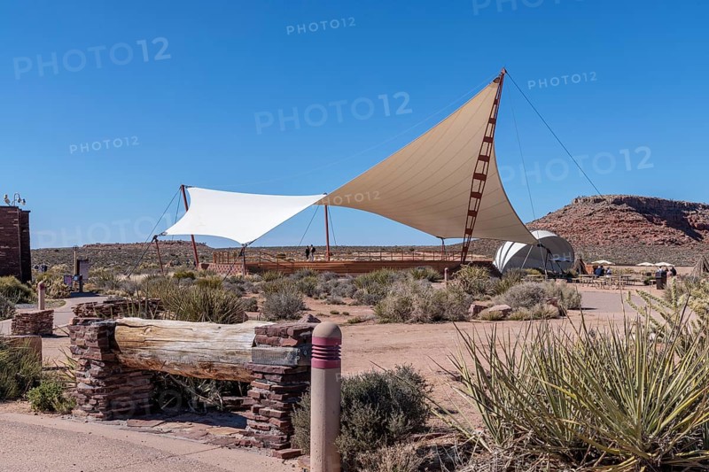 Shade structures provide visitors relief from the desert sun at Eagle Point in Grand Canyon West near Peach Springs, Arizona