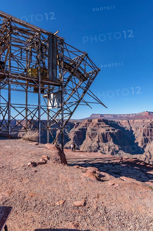 Abandoned steel framework of cable head-house use to mine bat guano at Guano Point in Grand Canyon West near Peach Springs, Arizona