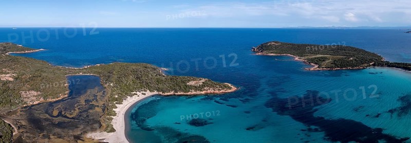 Panorama, aerial view, Plage de Rondinara, turquoise sea, sandy beach, bay, Corsica, France