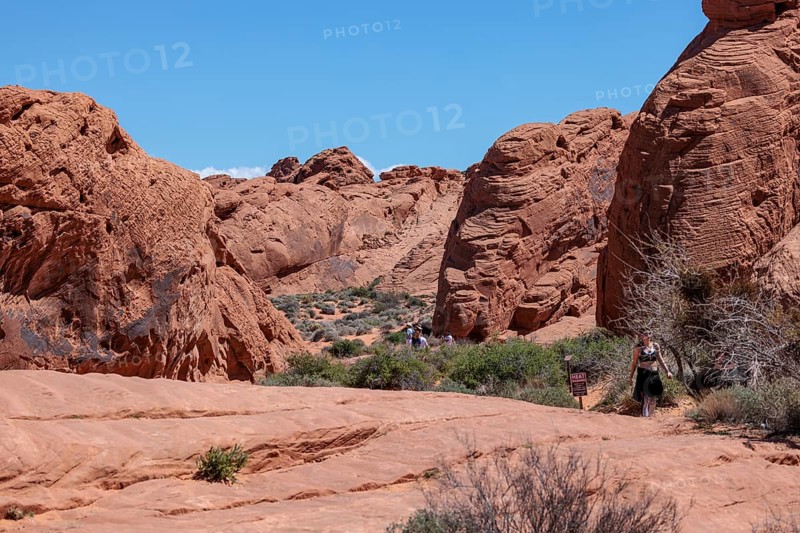 Sign at Fire Canyon Overlook Trailhead warns of hiking in hot weather at Valley of Fire State Park near Overton, Nevada