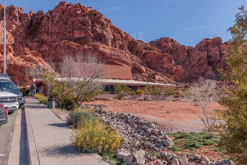 Visitor Center at the base of large red rock formations in Valley of Fire State Park near Overton, Nevada
