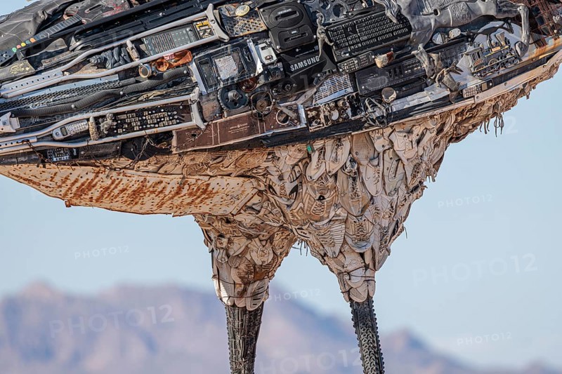 Close up of Recycled Roadrunner statue made entirely from discarded materials by artist Olin Calk at an I-10 rest area on the west side of Las Cruces, NM