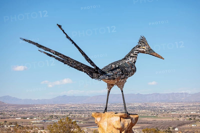 Giant Recycled Roadrunner statue made entirely from discarded materials by artist Olin Calk at an I-10 rest area on the west side of Las Cruces, New Mexico