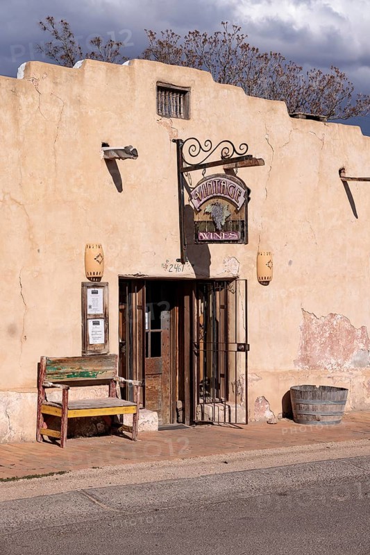 Pueblo style adobe architecture of NM Vintage Wines resturant and wine bar in Mesilla, New Mexico