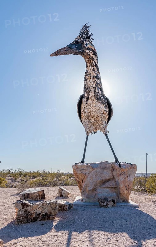 Giant Recycled Roadrunner statue made entirely from discarded materials by artist Olin Calk at an I-10 rest area on the west side of Las Cruces, New Mexico