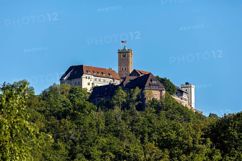 Castle on a green hill under a bright sky, Wartburg Castle near Eisenach in Thuringia