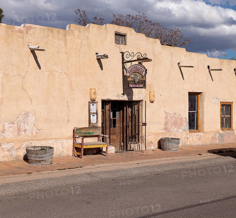 Pueblo style adobe architecture of NM Vintage Wines resturant and wine bar in Mesilla, New Mexico
