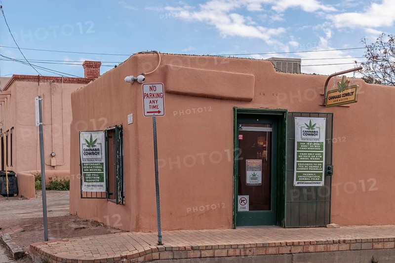 Pueblo style adobe architecture of a commercial cannabis dispensary in Mesilla, New Mexico