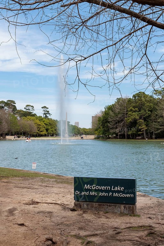 Fountain on Lake McGovern at Hermann Park in downtown Houston, Texas